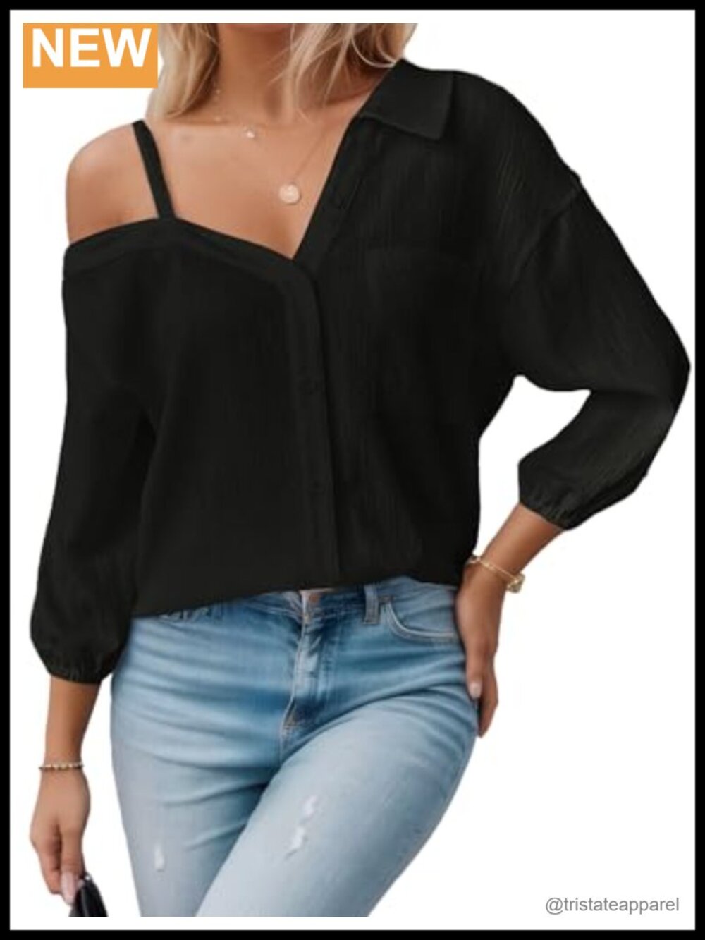 Women 3/4 Sleeve Off Shoulder Blouse Loose Elegant Button Down Shirt